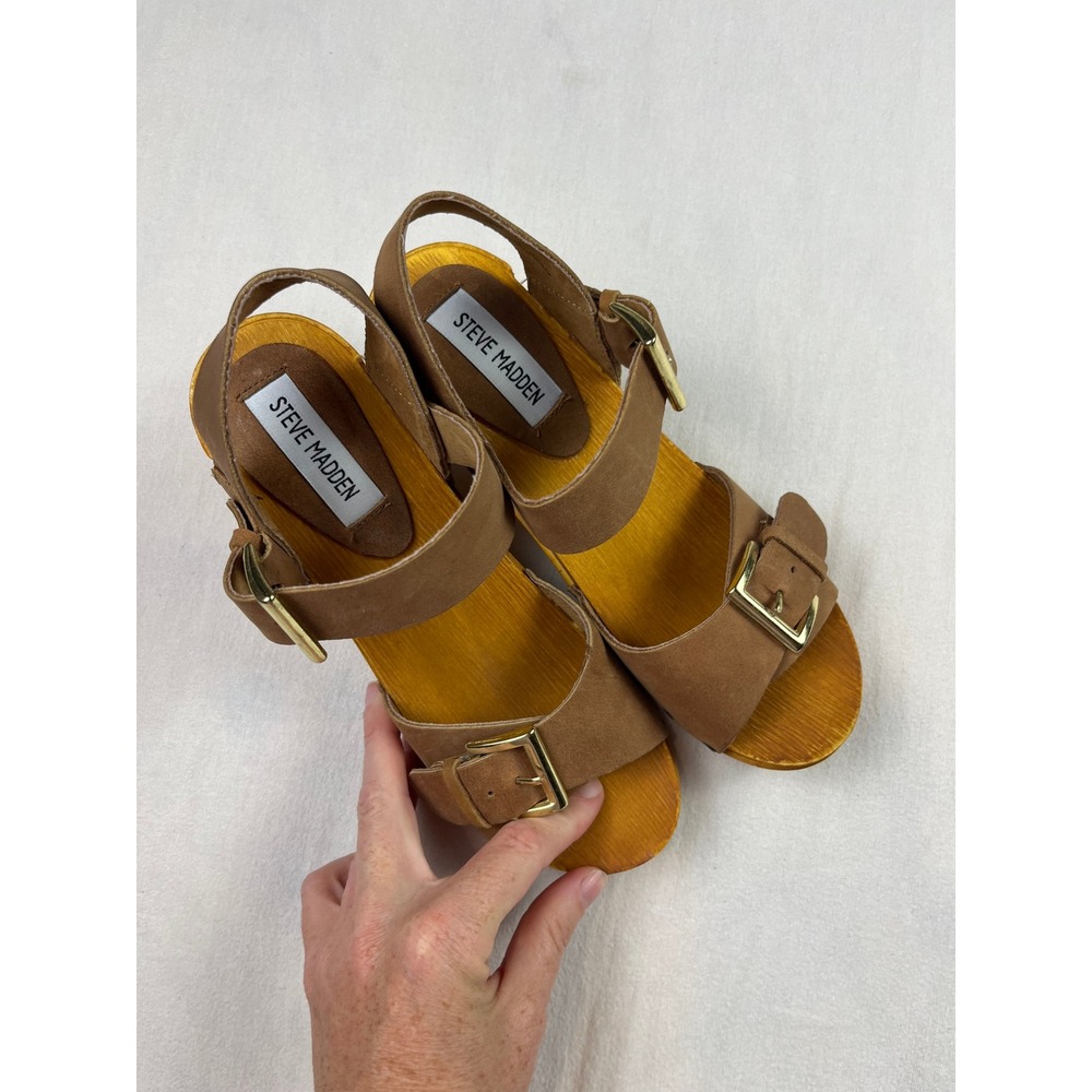 Steve Madden Nina Tan Leather Buckle Platform Clog Sandals Brown Wood Heel 6M